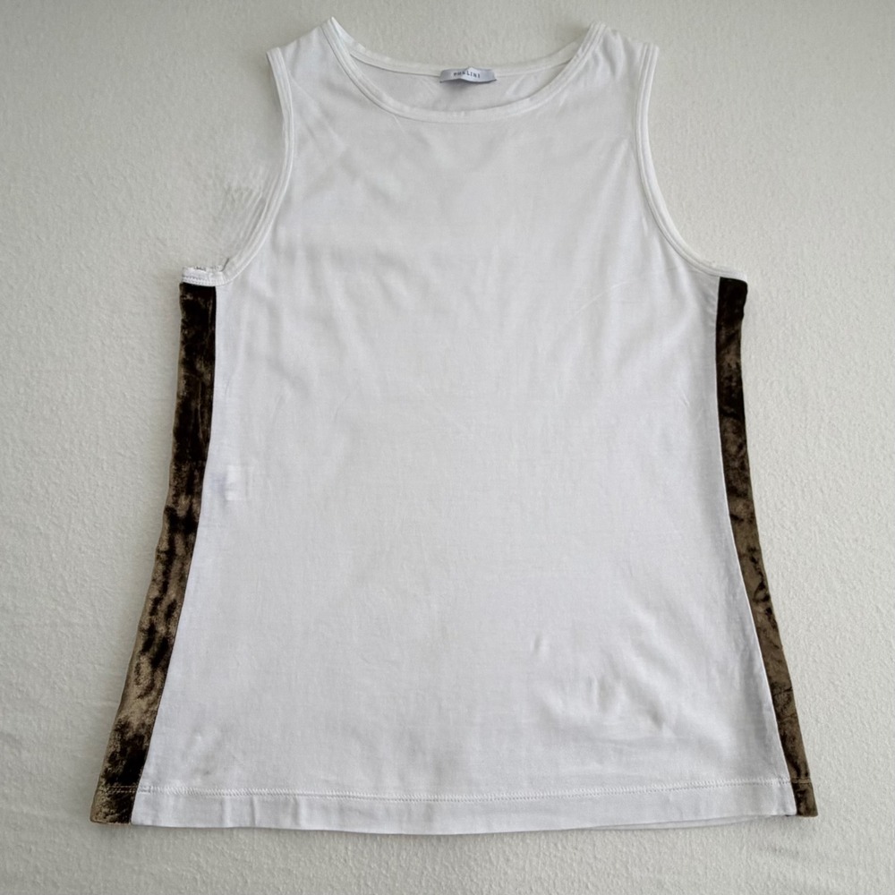 Vtg Pollini Tank Top White Cotton Velvet Side Panel Y2K EuroChic Minimalist Sz 6 - Picture 11 of 16